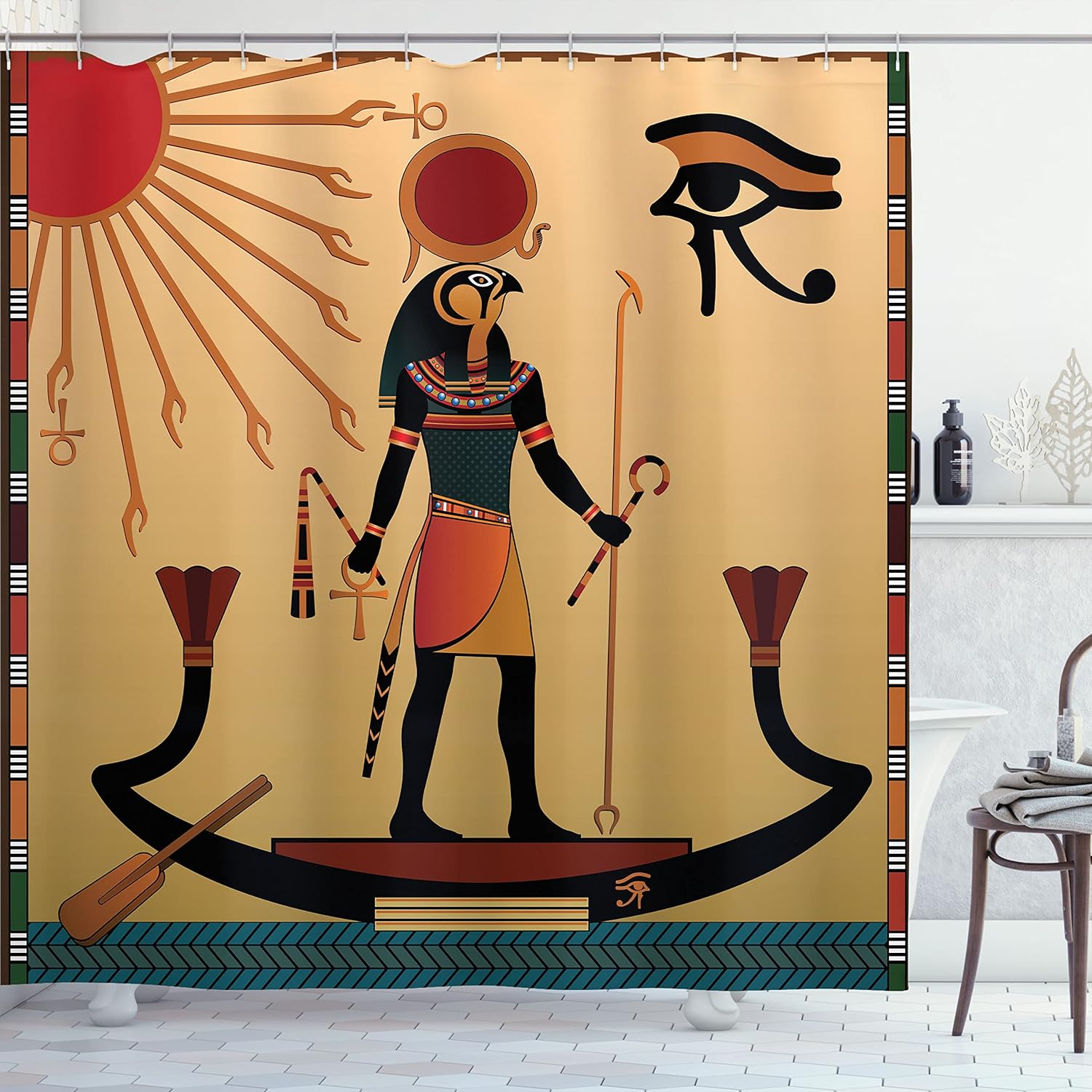 古代エジプトプリントシャワーカーテンサンオールド タイムレスグレースバスルーム装飾セットフック付輸入品