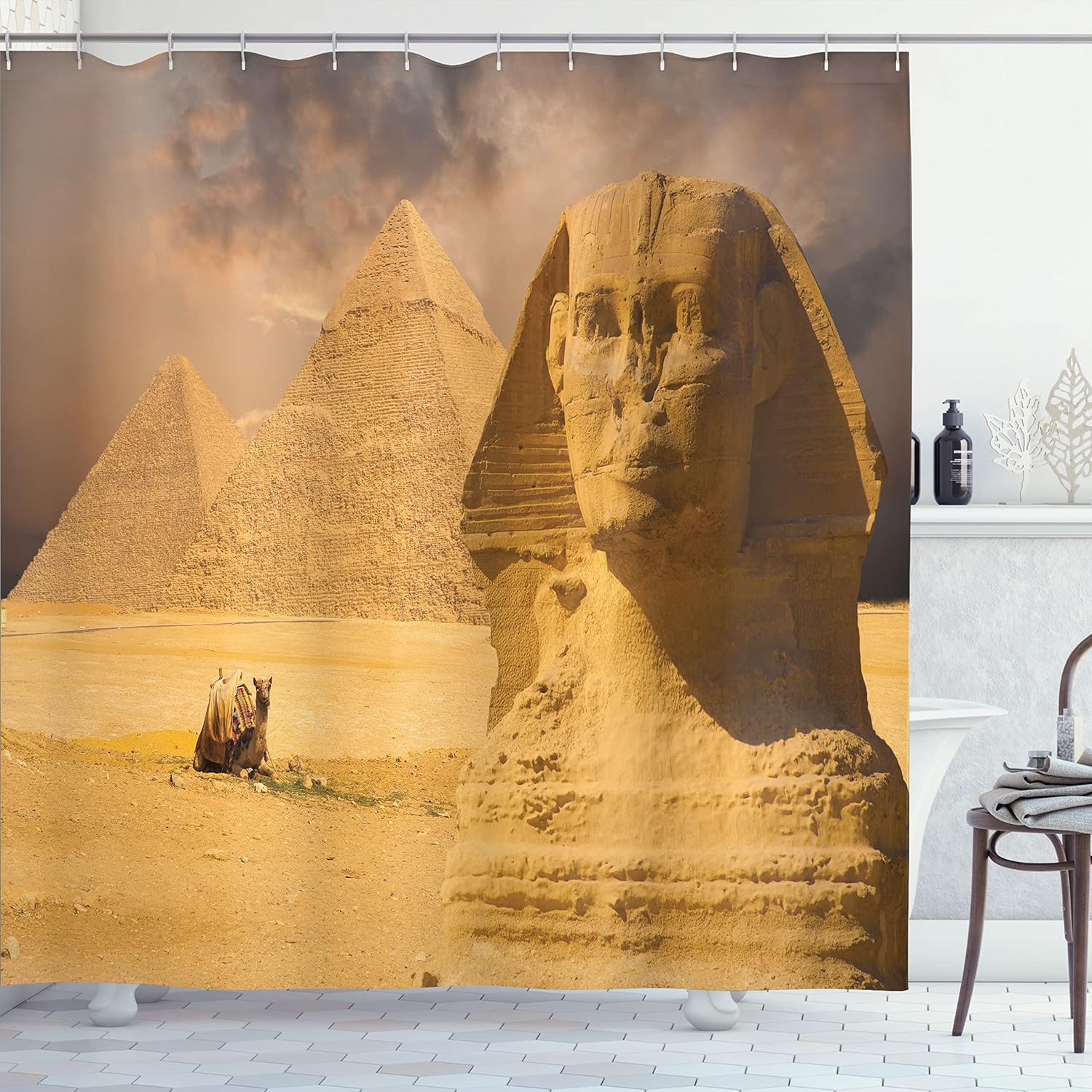 古代エジプトプリント スフィンクスの顔とピラミッドシャワーカーテンフック付バスルームカーテンインテリア装飾輸入品