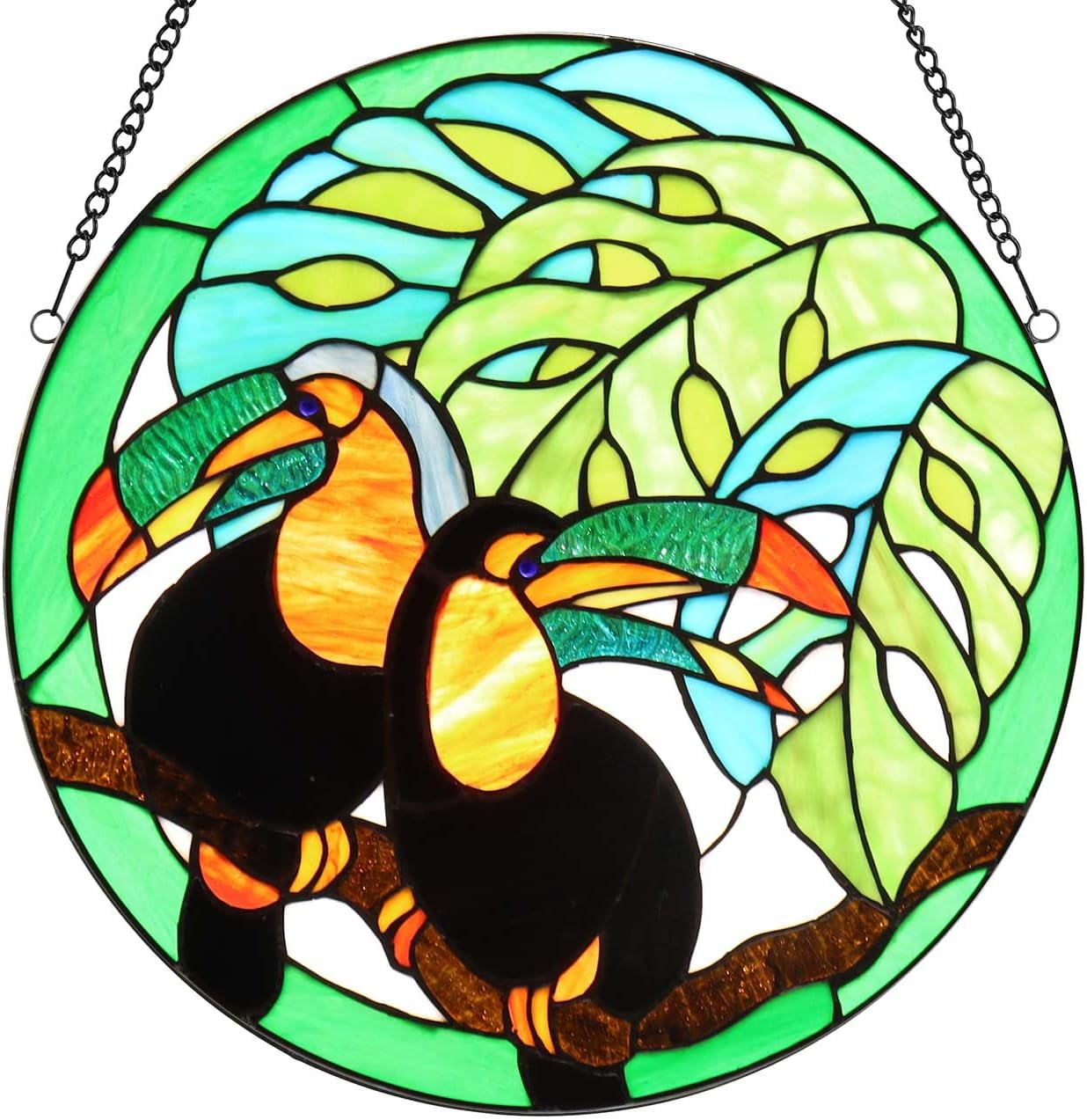 2羽のオオハシのティファニースタイルステンドグラスウィンドウパネル円形アートグラス工芸装飾贈り物輸入品