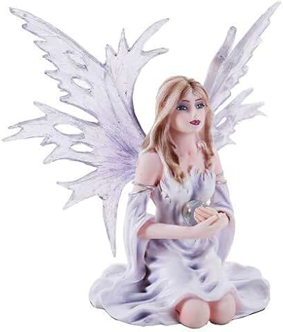 つらら星の神託を現わす水晶玉を持ってひざまずく氷と霜の薄片の白い妖精ファンタジー彫刻置物贈り物輸入品