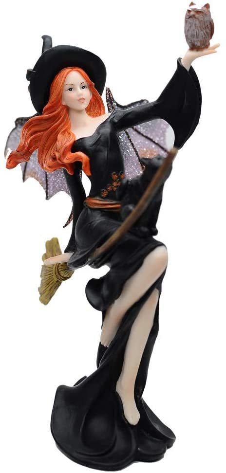 箒（ホウキ）に乗ったダーク・フェアリー魔女と黒い猫 置物彫刻 ハロウィーンのテーマギフト高さ 約23cm彫像/ プレゼント 贈り物(輸入品)の商品画像 2