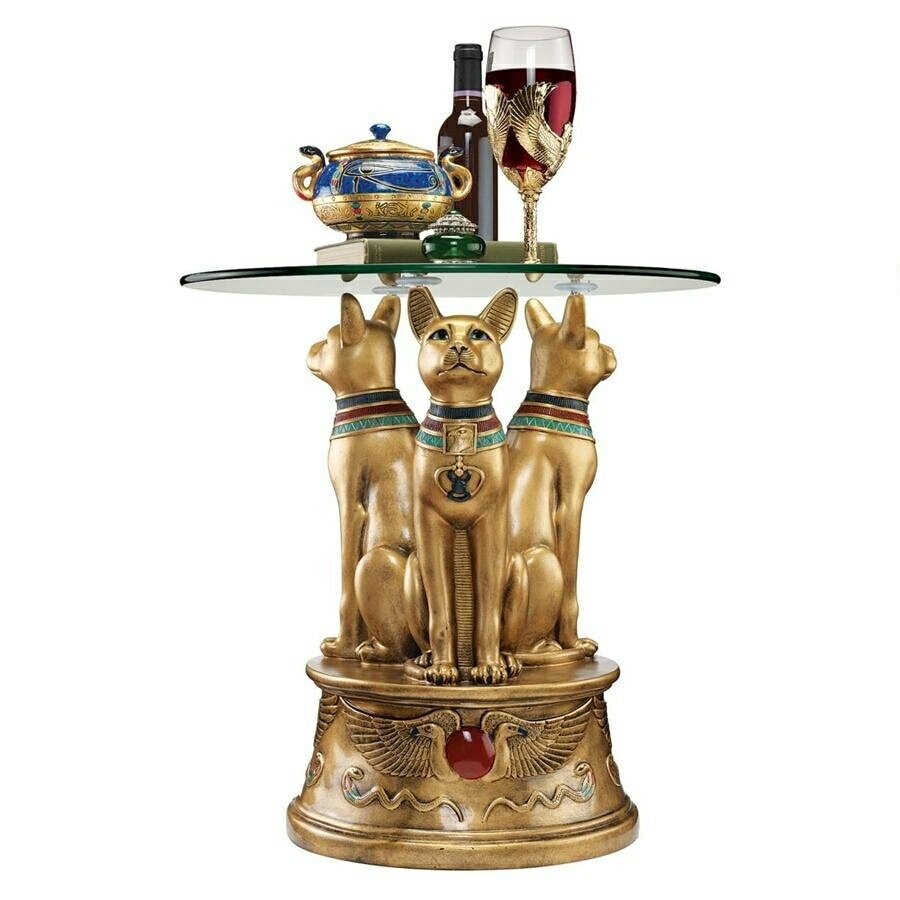 ロイヤル・ゴールデン・バステト 古代エジプト 猫の女神を、かたどった台座を持つサイド・テーブル彫刻 彫像 プレゼント 贈り物（輸入品）