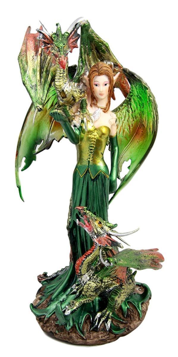 Rakuten - 2匹の守護グリーン・ドラゴンを連れた エメラルド色のエルフ（妖精）フェアリー・フィギュア彫像 彫刻 ピクシー プレゼント贈り物(輸入品