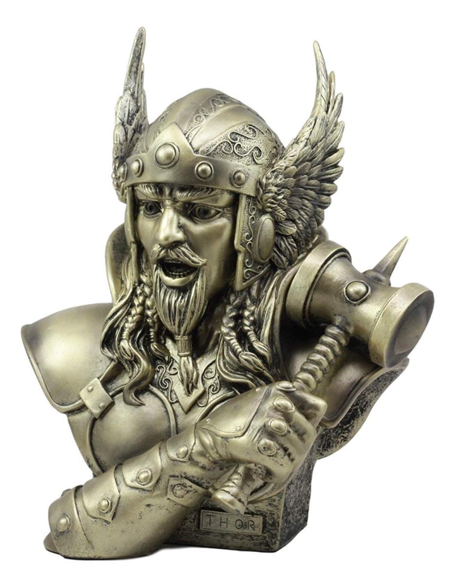 大きなトールハンマー を振りまわす、トール・オディンソン胸像 高さ 約28cm/ 北欧神話の雷神 アスガルドの支配者オーディン息子の彫像