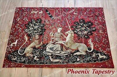 「視覚」 貴婦人と一角獣（ユニコーン）中世アート 美しいジャガード織り 壁掛けタペストリー 中世美術 壁装飾 アート ファインタペストリ
