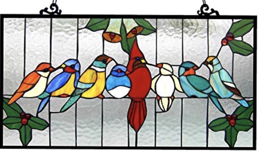 ティファニーグラス 仲良く集まる小鳥たち クロエ・ライティング製 インコ ステンドグラス パネル 新築祝い 記念プレゼント贈り物（輸入品