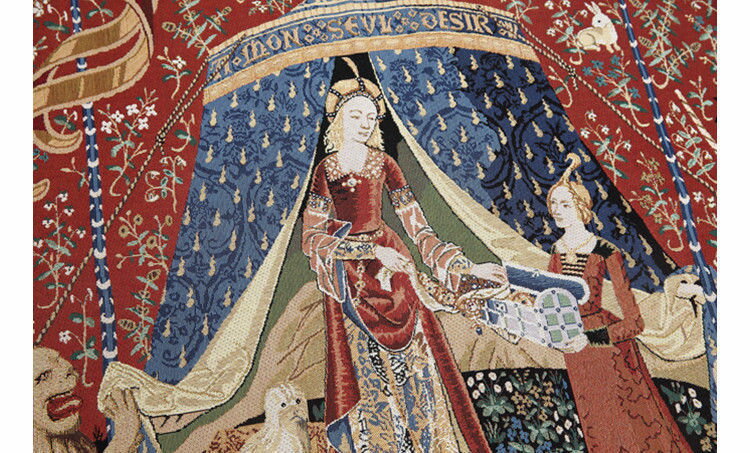 「我が唯一つの望みに」貴婦人と一角獣（ユニコーン）の中世アートジャガード織 壁掛けタペストリー；サイズ；幅120cm×長さ82cm輸入品