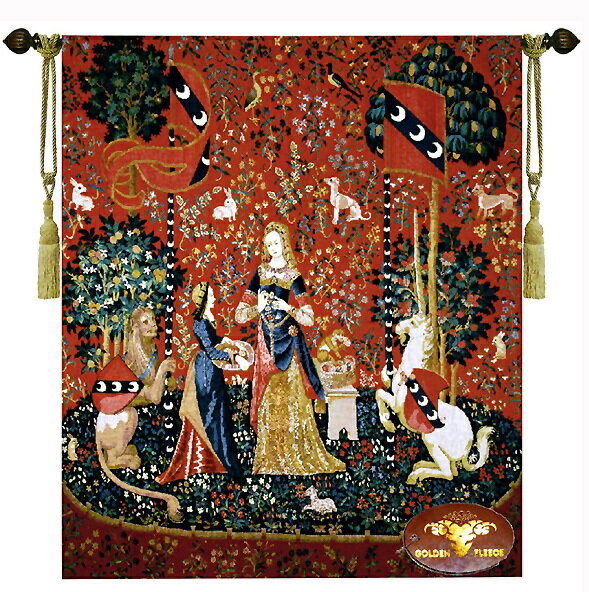 「臭覚」貴婦人とユニコーン（一角獣）の中世アートジャガード織 壁掛けタペストリーサイズ幅84cm×長さ119cm/ 新築祝い贈り物（輸入品