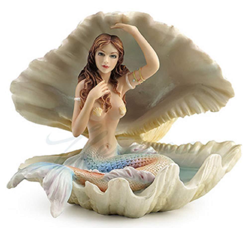 ヴェロネーゼ・デザイン製 貝殻に座っている、マーメイド（人魚）置物彫刻 彫像 アリエル リトルマーメイド ポセイドン 水族館 大洋（輸入品）