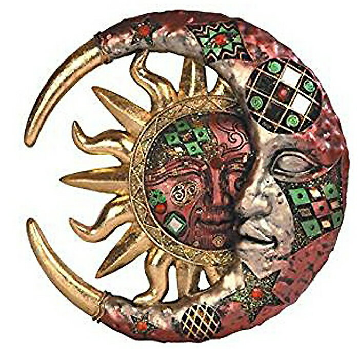 レッド・クラック・モザイク・クレセント・ムーン＆サン ウォールデコレーション 赤いモザイクの三日月と太陽 彫刻 彫像