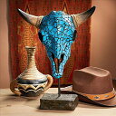 ターコイズのモザイクが施された牛の頭蓋骨スカルの彫像 彫刻/ Western Faux Turquoise Encrusted Cow Skull Statue...
