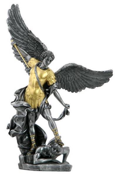 西洋彫刻 ゴールド＆ピューター色 悪魔を踏む大天使ミカエル 守護天使エンジェル彫像 彫刻/ カトリック教会 祭壇 聖霊 福音 洗礼 贈り物（輸入品）