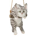 とまり木にぶら下がっている、灰色のぶち猫(キティ)の彫像 彫刻 インテリア ギフト装飾 お祝い プレゼント 贈り物(輸入品)