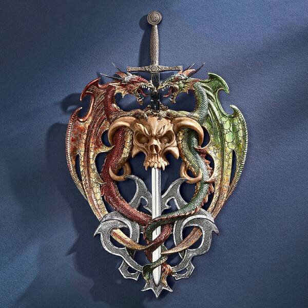 ドラゴンが必死になって楯となった剣 壁彫刻 インテリア彫像/ 壁装飾オーナメント ファンタジー 騎士像 ゴシックホラー(輸入品