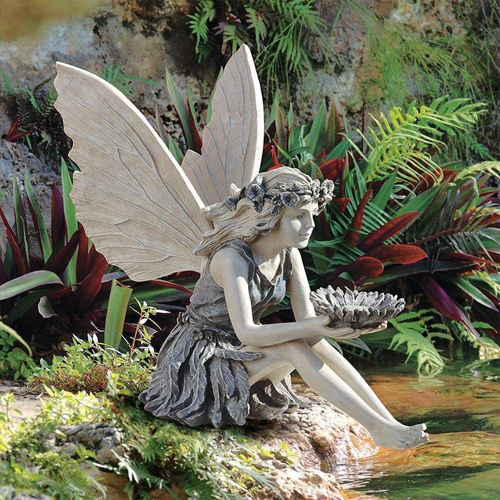 座って花籠を持っている妖精 フェアリー彫像 庭の天使の彫刻 ガーデン置物 装飾/贈り物 輸入品 