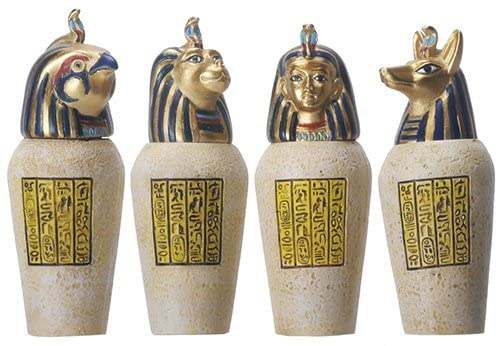 古代エジプトのカノプス壺4個セット ジャッカル・ファルコム・ヒューマン・ライオン彫像 高さ 約8.3cm彫刻/ナイル川(輸入品