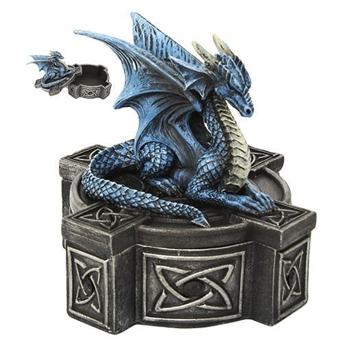 神秘的なブルーのドラゴンが、祭壇ドレイクの上に乗った、ケルトの十字架がデザインされた蓋付きボックス置物 彫刻(輸入品