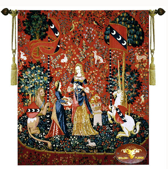 「臭覚」貴婦人とユニコーン（一角獣）の中世アートジャガード織 壁掛けタペストリーサイズ幅84cm×長さ119cm/ 新築祝い贈り物（輸入品）