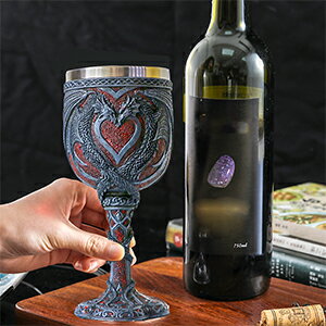 中世のダブルドラゴン・ワインゴブレット-ダンジョン＆ドラゴンズ ワイン・チャリス-7オンス・ステンレス鋼　酒カップ-ロマンチック彫像彫刻/ プレゼント贈物（輸入品