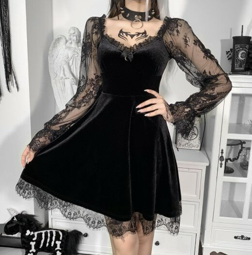 Romance衣装 2021新作 レディース ワンピース ミニ ハロウィン チュール長袖 肩出しドレス 裾と胸元にレース 飾り