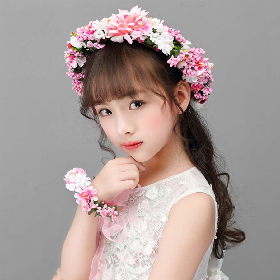 メール便送料無料 ヘッドドレス 花冠 花かんむり キッズ フラワーティアラ 女の子 子供 カチューシャ 子ども ウエディング 花カチューシャ 花輪 森ガール 結婚式 パーティー 発表会 ヘアアクセサリ 子供 ドレス 髪飾り フラワーズ リストバンド2点セット ボリューム感あり