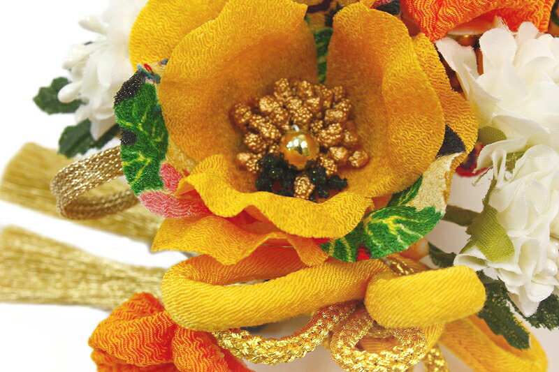 髪飾り 成人式 振袖 浴衣 卒業式 袴 結婚式 2点セット 金茶 橙 白 花 和 洋 かんざし 手作り 簪 つまみ細工 ちりめんフォーマル 花飾り 玉飾り ブライダル W 78 304-288 金茶 橙 白 p802　Si