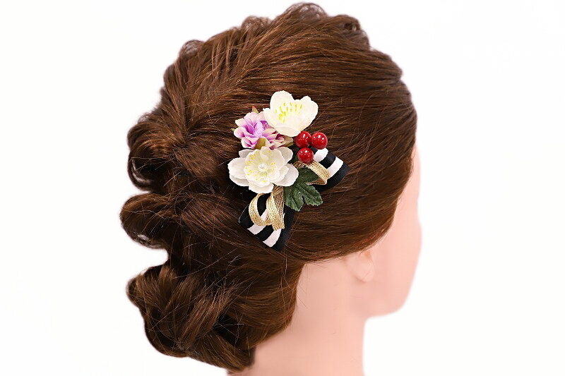 髪飾り 成人式 振袖 浴衣 卒業式 袴 結婚式 2点セット 白 紫 金 黒 赤 花 和 洋 パール かんざし 手作り 簪 つまみ細工 ちりめんフォーマル 花飾り 玉飾り ブライダル W 28 303-269 白 紫 o803　Si