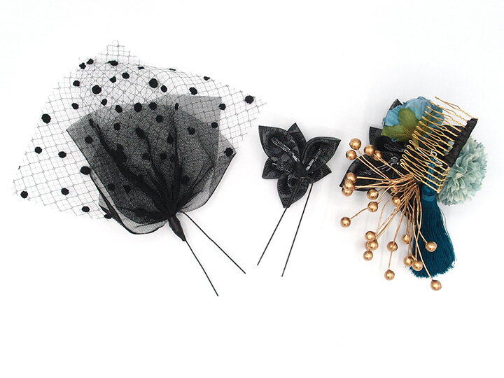 【楽天スーパーSALE 30%OFF】髪飾り 3点セット 京都 西陣 和小物 京あそび 成人式 花 黒 チュール パール 和風 浴衣 着物 振袖 袴 七五三 子供 キッズ ヘアアクセサリー コーム 髪留め 結婚式お呼ばれ 大きめ 日本製 送料無料 W 93 CM-4-811 w703　Si