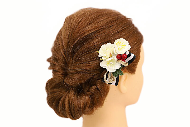 髪飾り 成人式 振袖 浴衣 卒業式 袴 結婚式 2点セット 白 クリーム 金 黒 赤 花 和 洋 パール かんざし 手作り 簪 つまみ細工 ちりめんフォーマル 花飾り 玉飾り ブライダル W 28 303-269 白 クリーム o804　Si