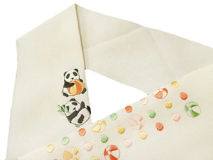 半衿 刺繍 ちりめん パンダ カジュアル 半襟 縮緬 日本製 新品 クリーム色地 c911
