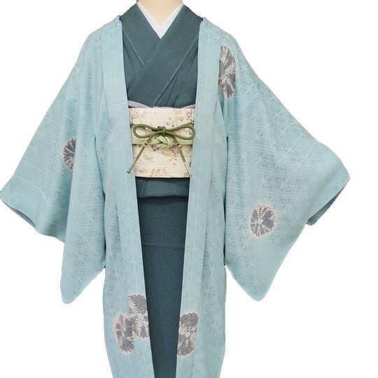 【レンタル】 和装 コート 着物 貸衣装 長羽織 正絹 紋紗 単衣 カジュアル 絞り染 手絞り 巻上げ絞り 空色 送料無料 Sサイズ co0016
