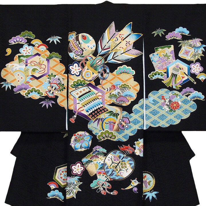 【レンタル】お宮参り 産着 レンタル 赤ちゃん 男の子 着物 黒 矢筒 鎧 松竹梅 宝尽くし 金駒刺繍 金彩..