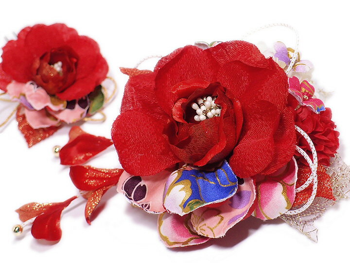 【楽天スーパーSALE 20％OFF】髪飾り コーム かんざし 簪 振袖 成人式 ヘッドドレス ちりめん 花飾り 房 髪留め 赤 日本製 着物 和装 洋装 袴 訪問着 結婚式 パーティ フォーマル W68 307-218 t917　Si