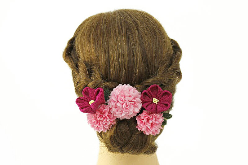 髪飾り 成人式 振袖 浴衣 卒業式 袴 結婚式 3点セット ピンク 花 和 洋 パール かんざし 手作り 簪 つまみ細工 ちりめんフォーマル 花飾り 玉飾り ブライダル W 28 308-203 ピンク o723　Si