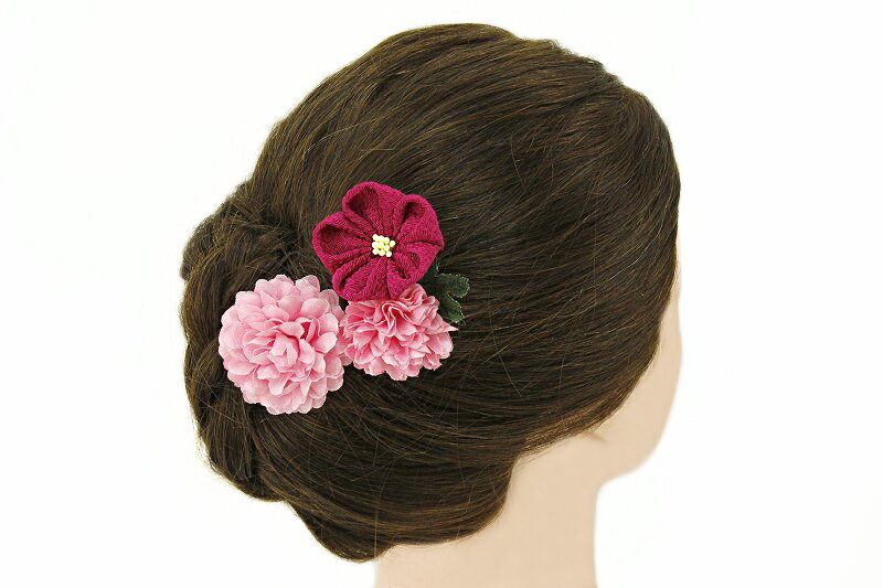 髪飾り 成人式 振袖 浴衣 卒業式 袴 結婚式 3点セット ピンク 花 和 洋 パール かんざし 手作り 簪 つまみ細工 ちりめんフォーマル 花飾り 玉飾り ブライダル W 28 308-203 ピンク o723　Si