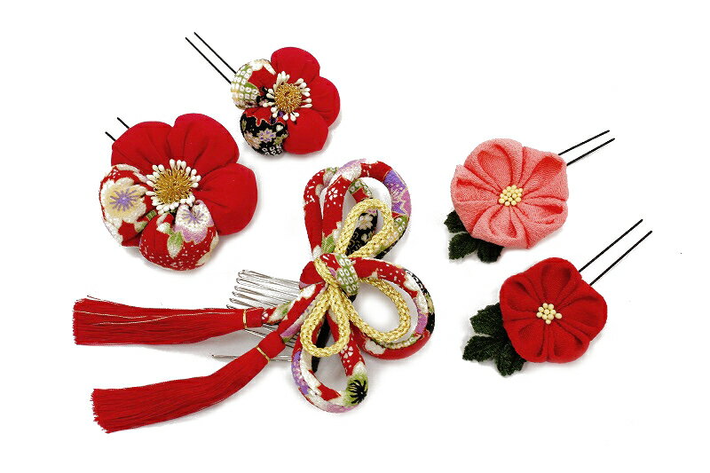 髪飾り 成人式 振袖 浴衣 卒業式 袴 結婚式 5点セット 赤 ピンク 花 和 洋 かんざし 手作り 簪 つまみ細工 ちりめんフォーマル 花飾り 玉飾り ブライダル W 68 294-370 o828　Si