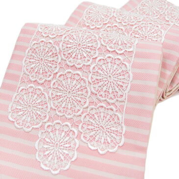 半幅帯 縞 小袋帯 日本製 木綿 レース 仕立て上がり カジュアル フェミニン 浴衣 夏着物 縞 ボーダー ピンク f433
