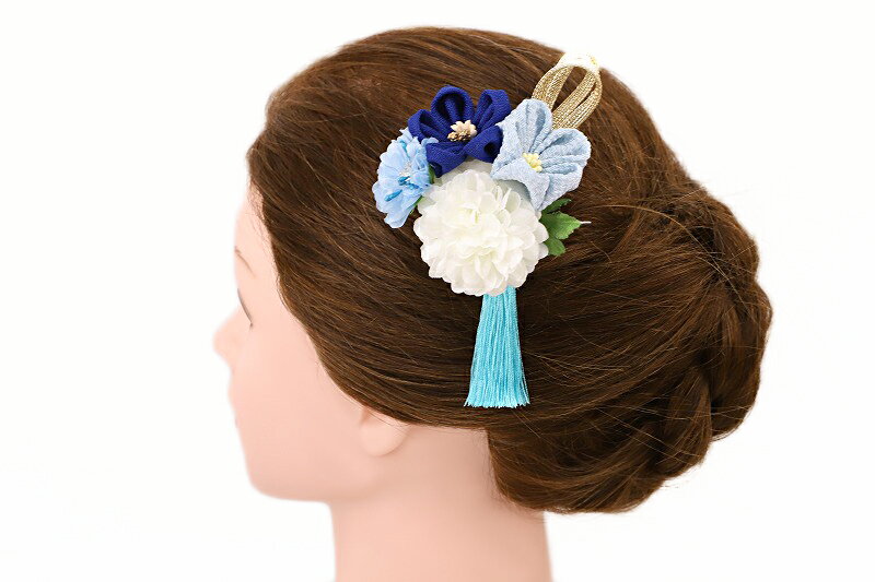 髪飾り 成人式 振袖 浴衣 卒業式 袴 結婚式 3点セット 水色 藍紺 白 花 和 洋 かんざし 手作り 簪 つまみ細工 ちりめん フォーマル 花飾り 玉飾り ブライダル W 38 303-211 水色 藍紺 白 p833　Si 3