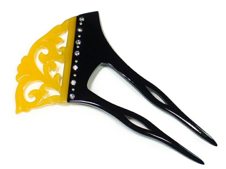 かんざし 簪 べっ甲調 透かし彫り 唐草 二又かんざし バチ型 ラインストーン 二本差 大人 髪飾り フォーマル 結婚式 かんざし 飴色 W292-231 s834 Si