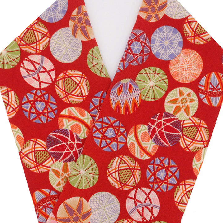 半衿 半襟 毬 赤 洗える ポリエステル 縮緬 ちりめん 日本製 カジュアル 振袖 成人式 袴 卒業式 着物 小紋 紬 和装小物 大正ロマン 和柄 友禅柄 小紋柄 レトロ モダン カラフル かわいい デニム着物 半えり T 1580 w837