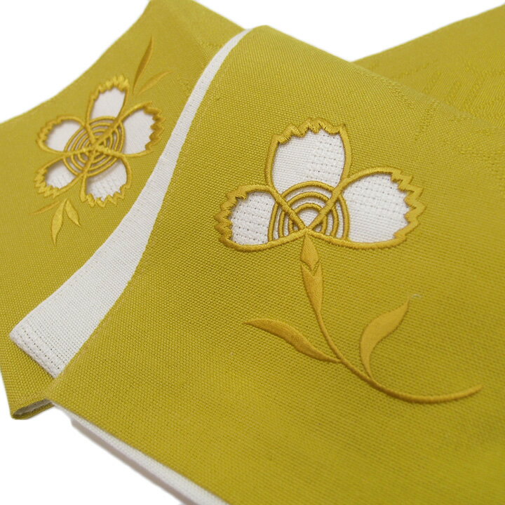 夏 半幅帯 麻 小袋帯 日本製 ドロンワーク 刺繍 撫子 仕立て上がり カジュアル 浴衣 夏着物 黄色 b541