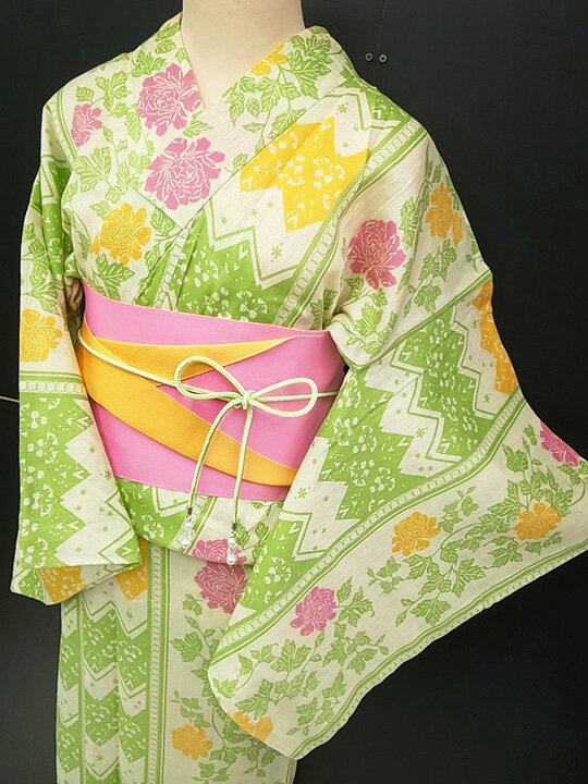 綿麻 浴衣 帯 下駄 3点セット 花火大会 お祭り 夏のお出かけ レディース バラ 上品なオフホワイト 黄緑 紅梅 黄色 現品限り e242r