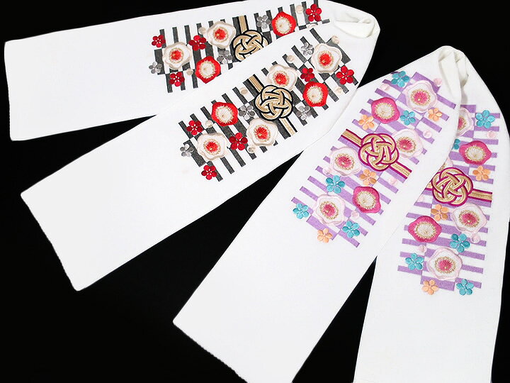半襟 刺繍 半衿 振袖 成人式 水引 梅結び 梅 花 市松 日本製 白地 紫 桃 橙 青 赤 ...