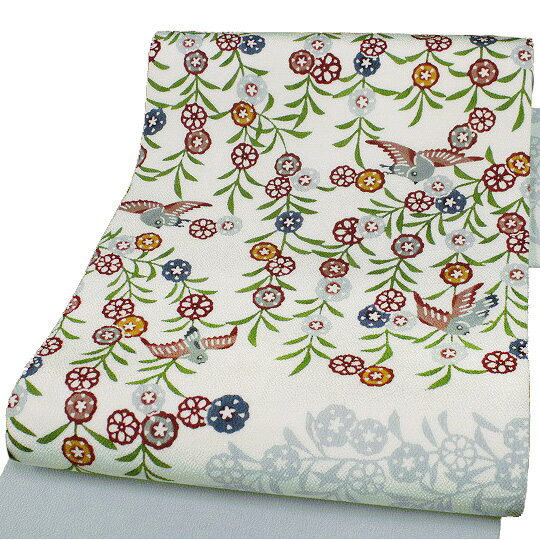 名古屋帯 九寸帯 栗山吉三郎工房 和染紅型 枝垂桜 鳥 正絹 浜ちりめん 仕立て上がり カジュアル 染帯 ブルーグレー d547