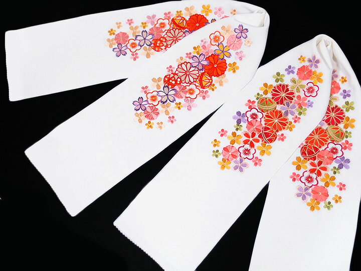 半襟 刺繍 半衿 振袖 成人式 手毬 梅 桜 菊 花尽くし 日本製 白地 赤 桃 紫 橙 黒 レディース 卒業式 袴姿 フォーマル シルエリー 送料無料 W22 t747 Si