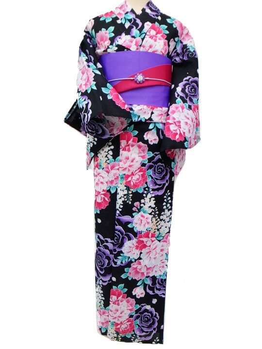浴衣 ゆかた カジュアル レディース 大人 単品 新品 未使用 黒 牡丹 ぼたん 藤の花 ピンク 紫 夏用 夏物 着物 きもの 夏祭り お祭り 花火大会 夕涼み お稽古 お出掛け おしゃれ 送料無料 浴衣 z757
