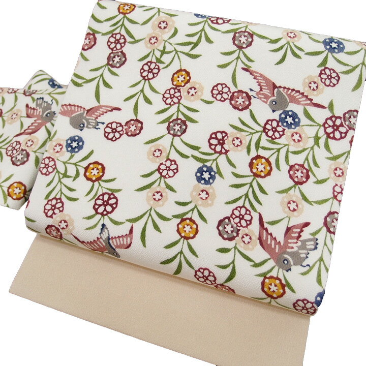 名古屋帯 九寸帯 栗山吉三郎工房 和染紅型 枝垂れ桜 鳥 正絹 浜ちりめん 仕立て上がり カジュアル 染帯 白 ベージュ d465