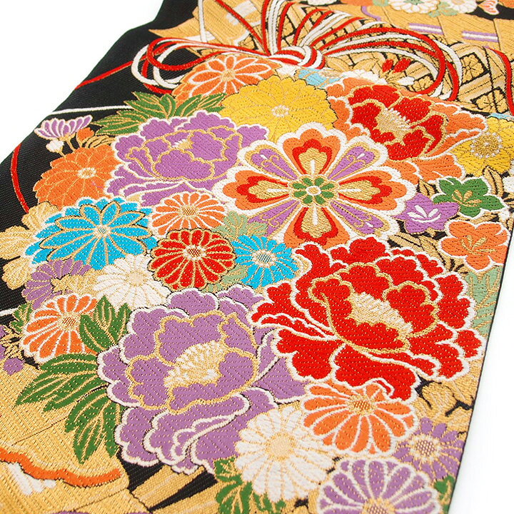 京都西陣 振袖用袋帯 ふくろ帯 正絹 新品 未使用 仕立て済み フォーマル 黒 四季の花 扇子 成人式 振袖 結婚式 パーティー 着物 袷 単衣 送料無料 袋帯 g566
