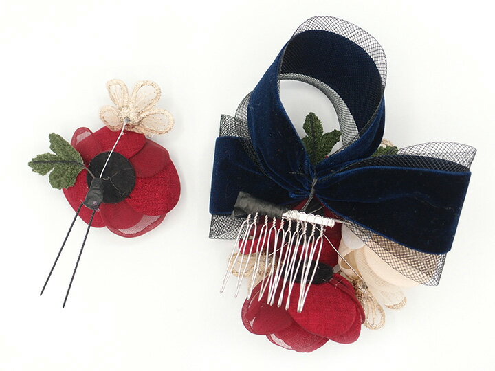 髪飾り 2点セット 赤 リボン パール 成人式 花 和風 浴衣 着物 振袖 袴 ドレス 七五三 子供 キッズ 結婚式お呼ばれ 卒業式 入学式 ヘアアクセサリー ヘアコーム 髪留め 大きめ 日本製 送料無料 エンジ W 65 324-202 u968　Si