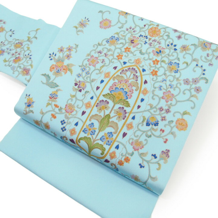 【楽天スーパーSale 10%off】名古屋帯 名門 岡重 仕立て上がり 正絹 五泉 駒塩瀬 染帯 更紗 水色 九寸帯 カジュアル a673